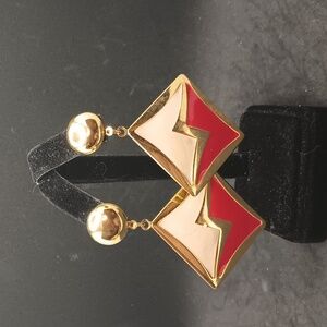 Vintage gold tone red cream enamel dangle stud earrings